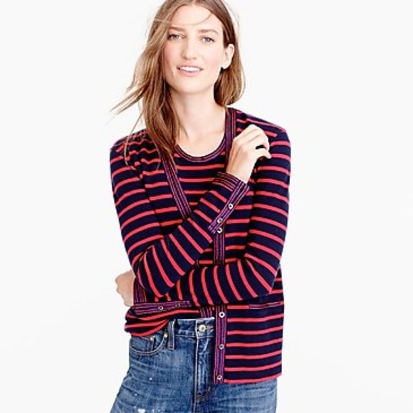 J. Crew Sweaters - J. CREW Red Blue Metallic-Trim Striped Cardigan Sweater